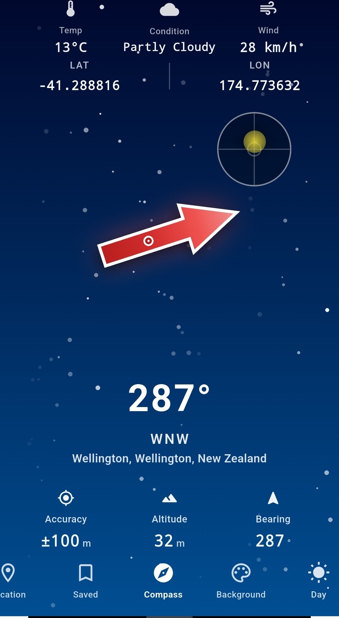 Compass Pro arrow-style bearing pointer showing 287 degrees WNW toward a saved location