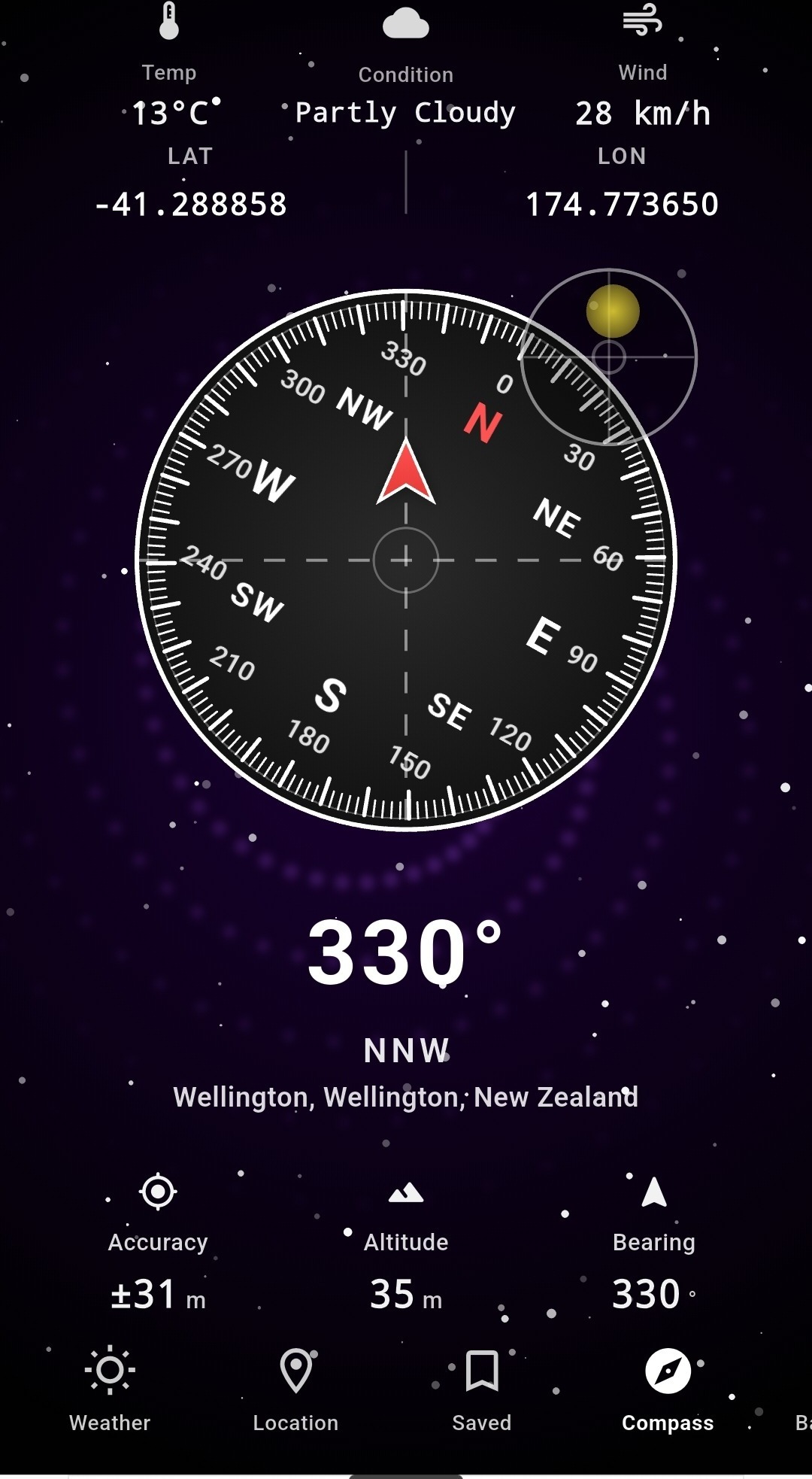 Nebula theme — purple starfield compass dial with white ring