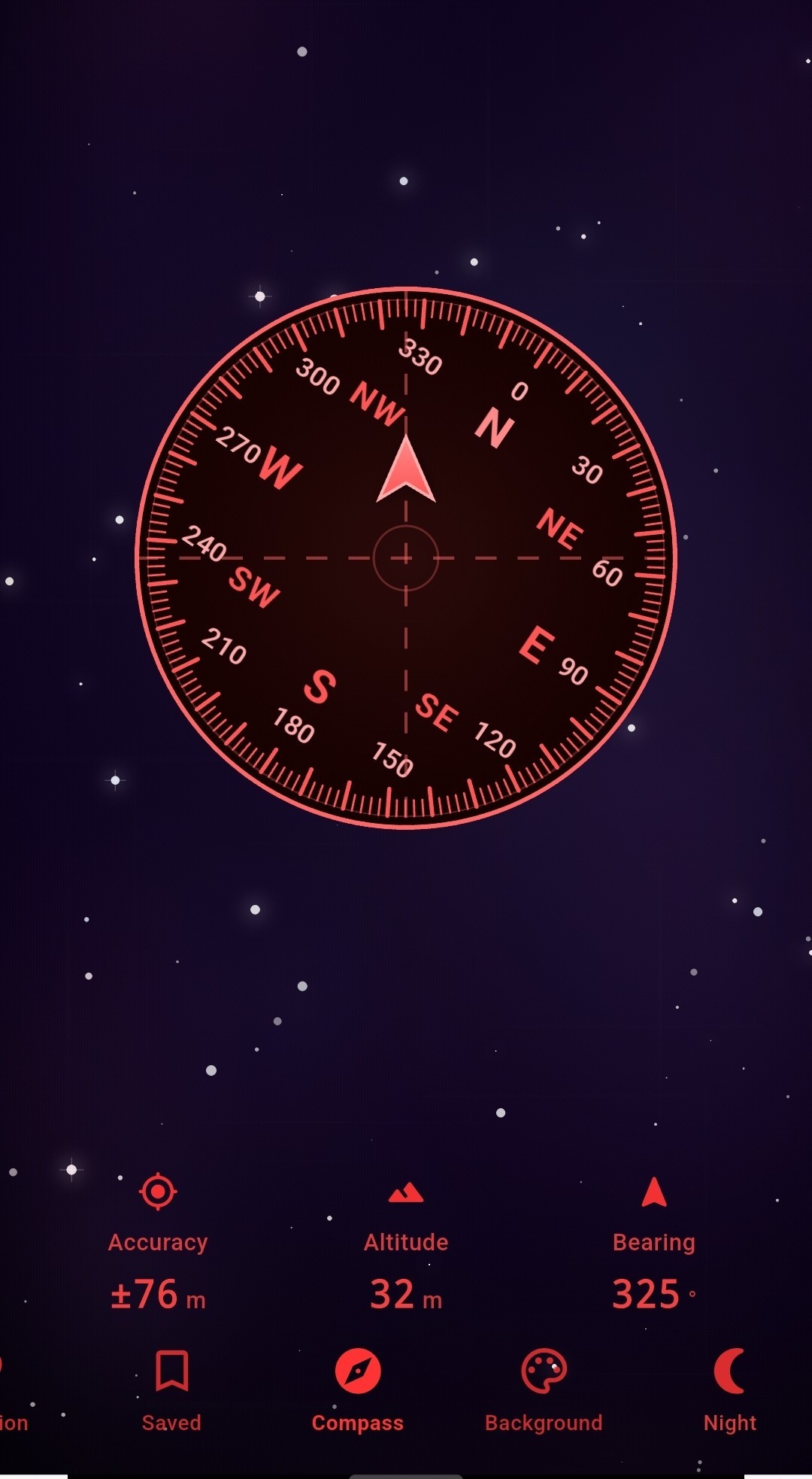 Compass Pro tactical red dial theme with accuracy, altitude and bearing readout