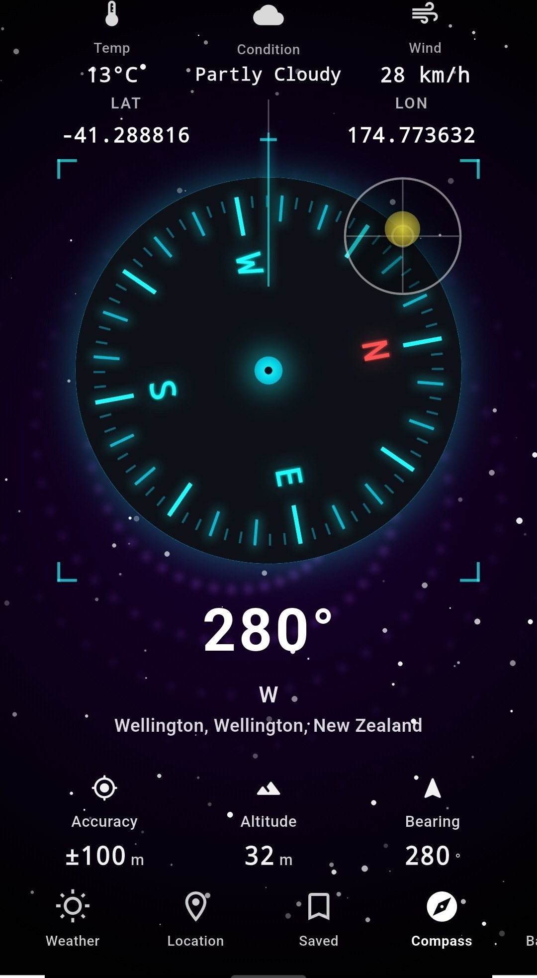 Compass Pro deep-space teal dial theme with glowing cyan needle and weather header