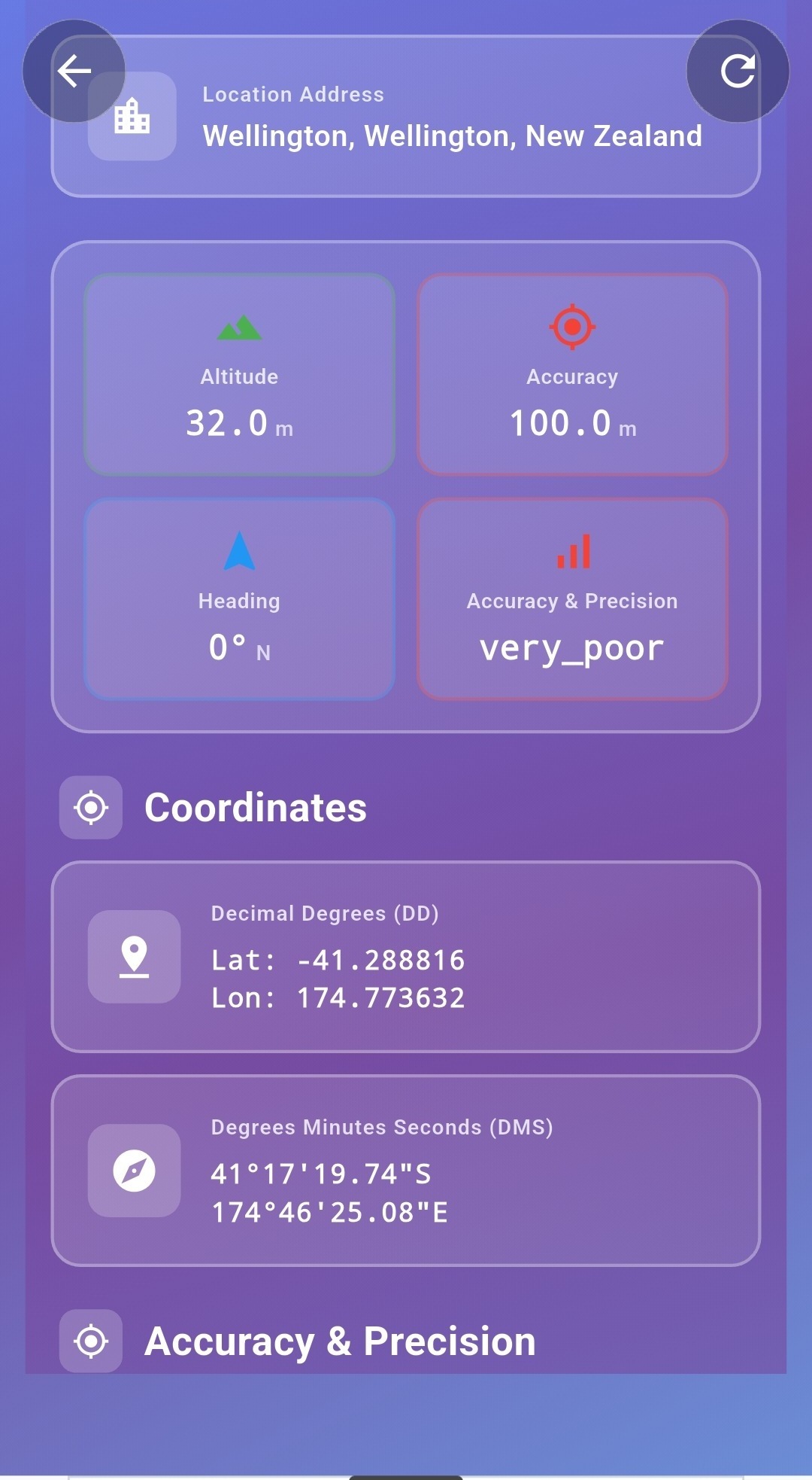 Compass Pro location detail screen with decimal degree and DMS coordinates, altitude, accuracy and heading