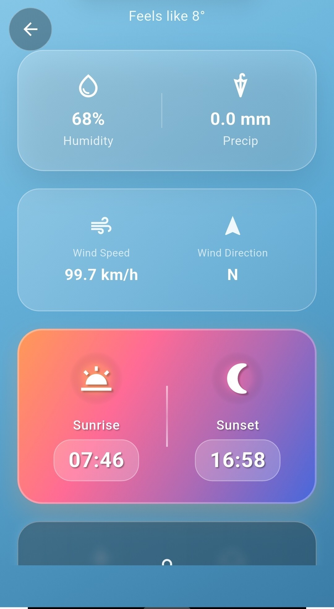 Compass Pro weather detail screen with humidity, precipitation, wind speed and direction, sunrise and sunset times